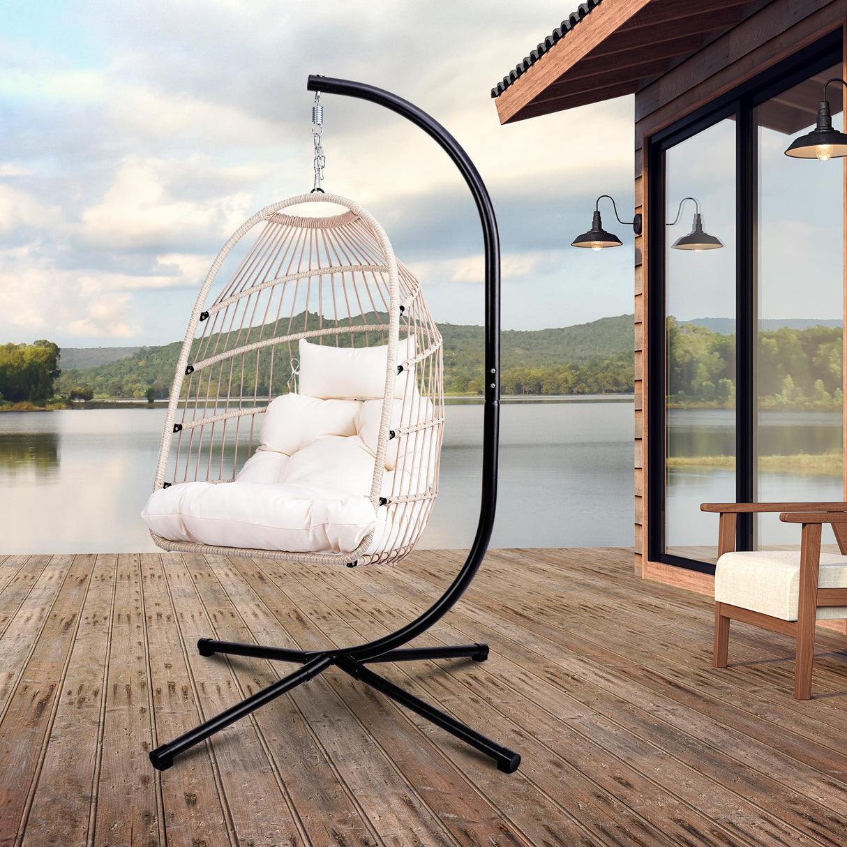 DAIJIA CHINA Foldable Hanging Egg Chair with Stand, HDPE Rattan and Heavy Duty Aluminum-Steel Frame, Outdoor Patio Wicker Swing Egg Chair with Headrest and Cushioned, 350 Lbs Capacity (Beige) DAIJIA CHINA