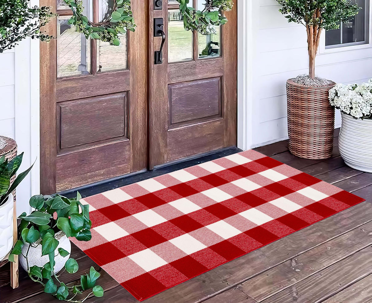 Christmas Outdoor Rugs 24 x 51''Red White Buffalo Plaid Front Porch Rug Hand-Woven Machine Washable Indoor/Outdoor Layered Door Mats for Entryway/Bedroom/Outdoor BUAGETUP
