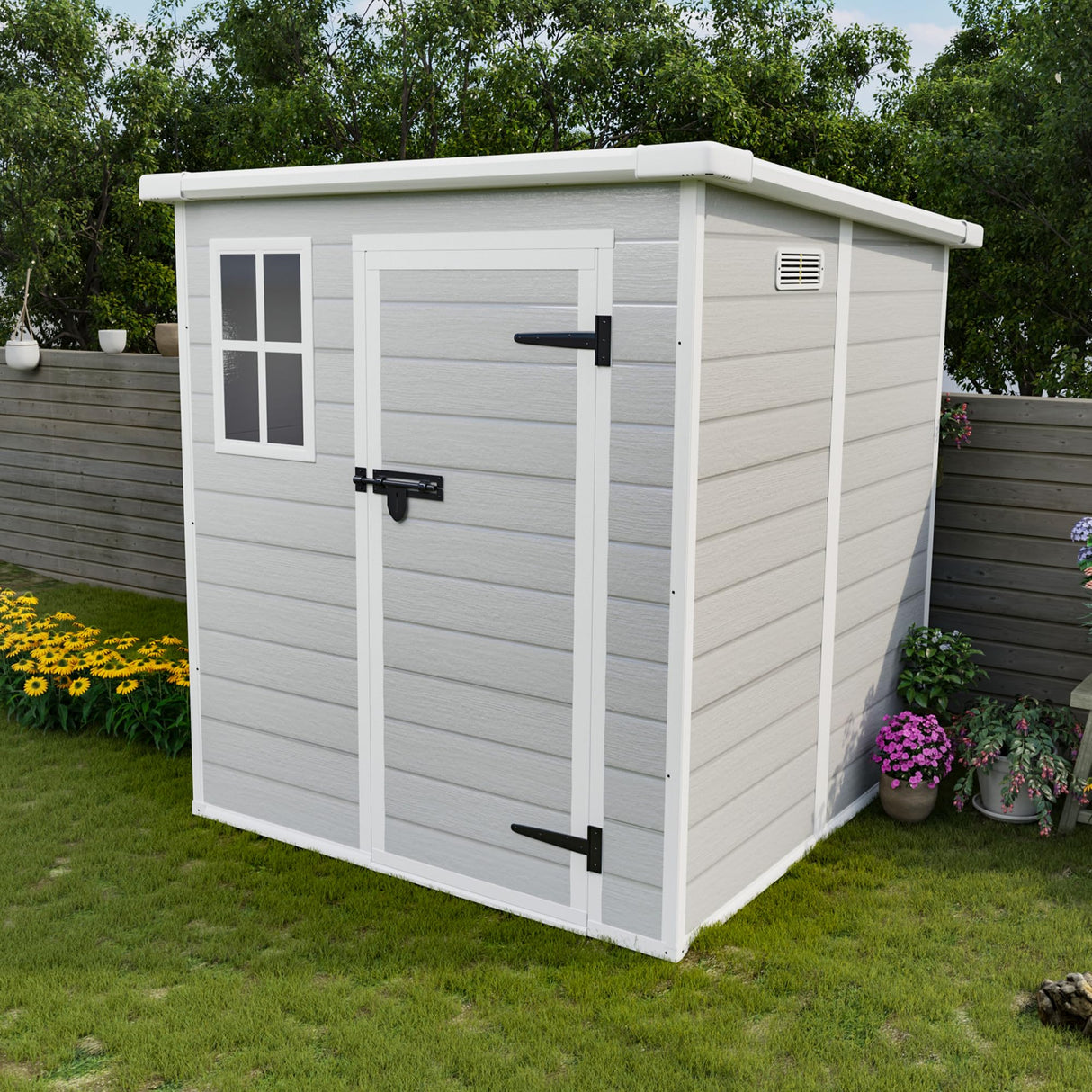 YOPTO 6x6 FT Resin Outdoor Storage Shed with Floor, All-Weather Plastic Shed with Lockable Doors, Window & Vents, Utility Plastic Tool Shed Storage House for Backyard, Patio, Light Grey YOPTO