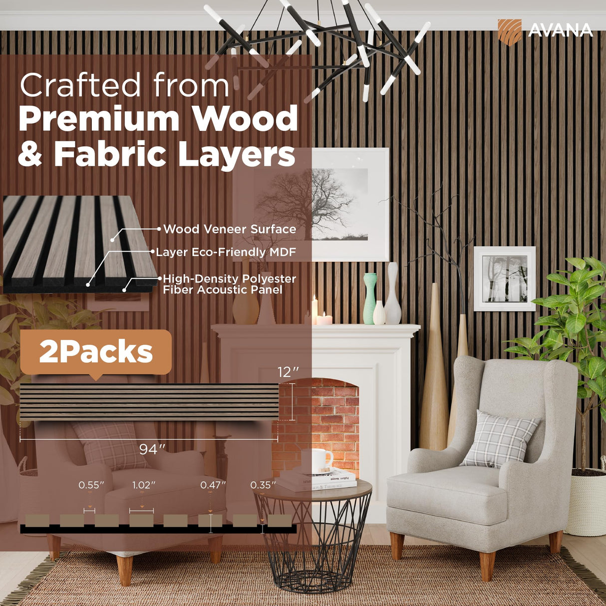 Avana Acoustic Wood Wall Panels – 94.4 x 12.6 Inch Natural Walnut Acoustic Panels 2 PCs – Wall Panels For Interior Wall Decor For Homes, Offices, Studios – Pleasing Decorative Wood Panels For Wall Avana