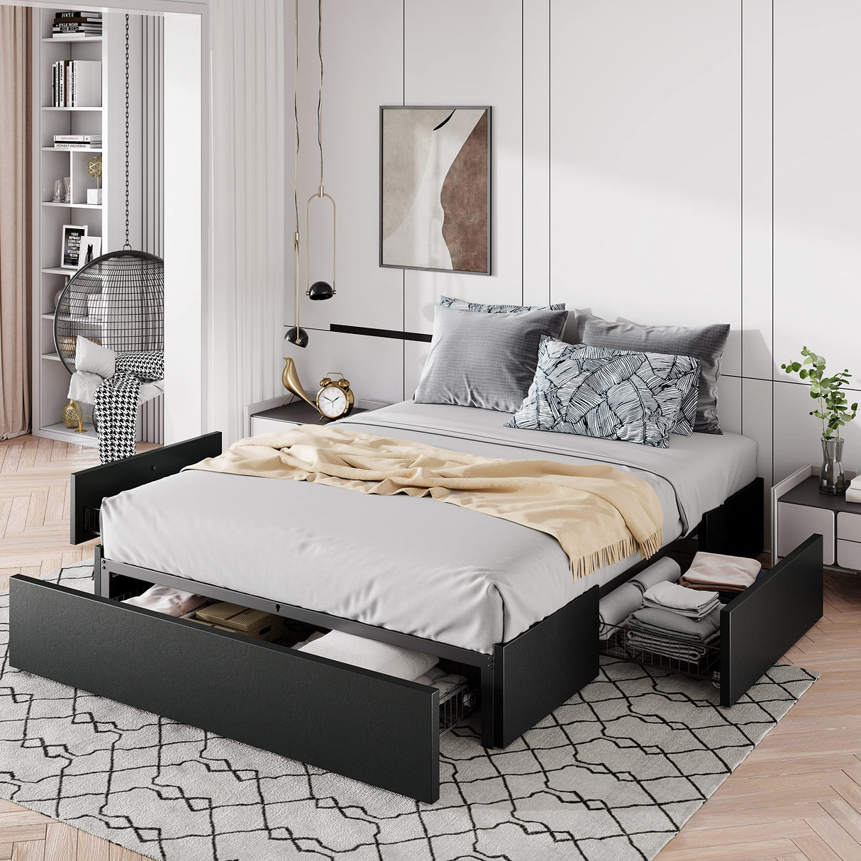 Allewie Full Size Platform Bed Frame with 3 Storage Drawers, Faux Leather Upholstered, Wooden Slats Support, No Box Spring Needed, Easy Assembly, Black Allewie