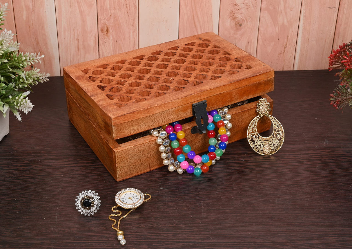 Samhita Mango Wood Decorative Wooden Box with Hinged Lid in Jali Carvings Used as Storage Box Christmas Gifts Items (9" x 6" x 3') Samhita