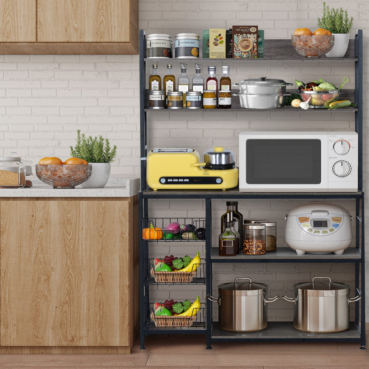 NAIYUFA Kitchen Bakers Rack with Baskets,5-Tier Utility Storage Shelf with Hooks, Microwave Oven Stand Rack, Free Standing Kitchen Shelf Vintage Grey NAIYUFA