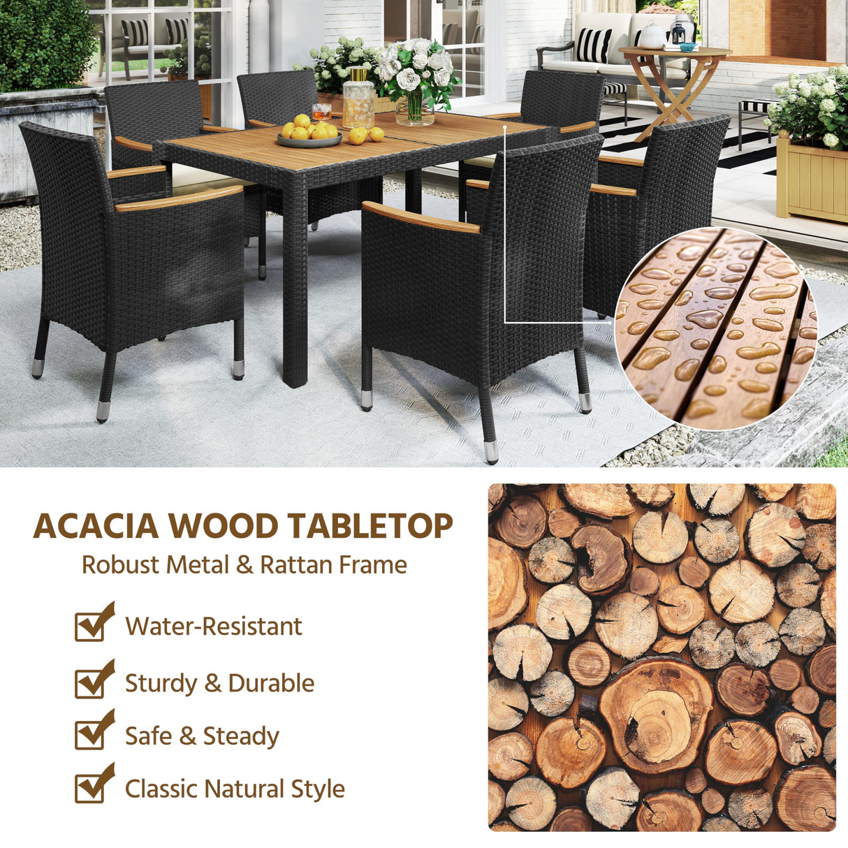 Yaheetech 7 Piece Patio Furniture Set, Outdoor Dining Acacia Wood Table Top Rattan Conversation Set with Soft Cushions, 6 Chairs & 1 Table for Backyard, Deck, Garden & Yard, Black/Beige Yaheetech