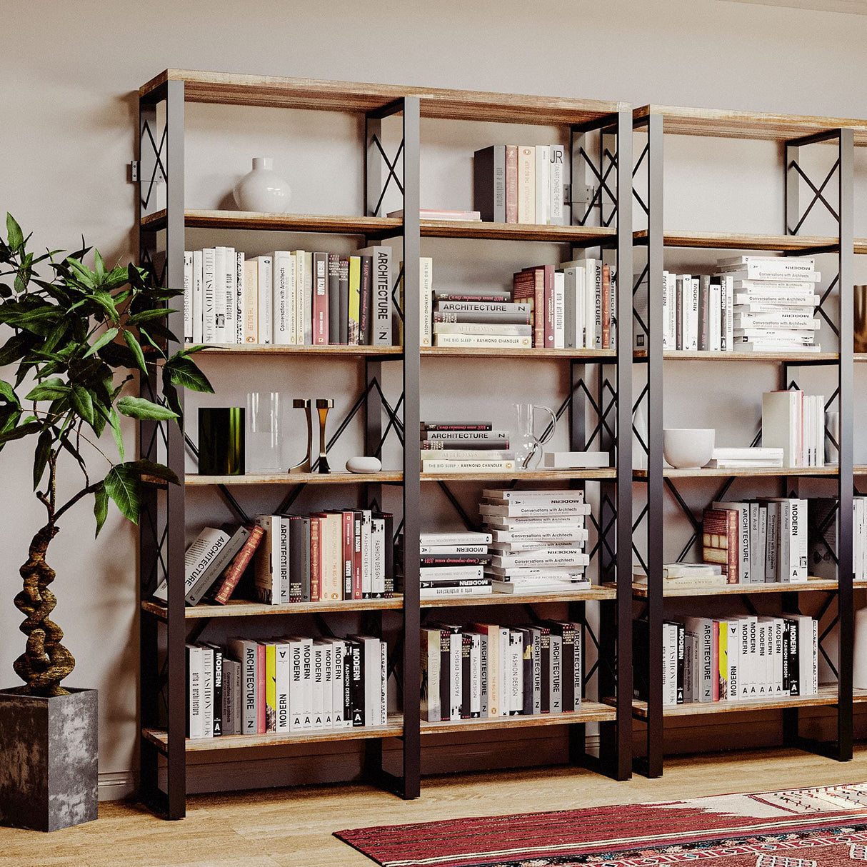 IRONCK Bookshelves Double Wide 6-Tier 76" H, Open Large Bookcase, Industrial Style Shelves for Home Office, Easy Assembly IRONCK