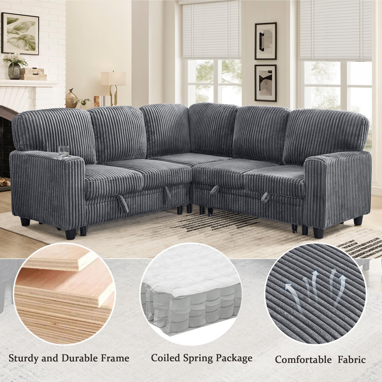 Ball & Cast L-Shaped Sleeper Sofa Bed,5 Seater Sectional Couch with Pull Out Bed and USB Charging,Cupholders & Storage Seats,Convertible Sofa Bed for Living Room,Apartment,Corduroy Fabric,Gray,81" Ball & Cast