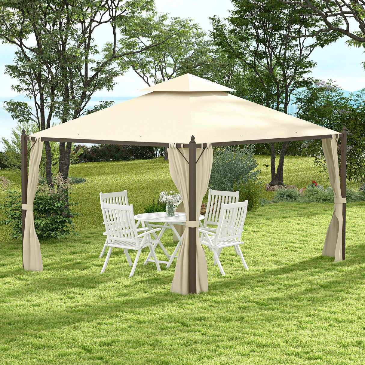 Outsunny 10' x 12' Steel Outdoor Patio Gazebo with Polyester Privacy Curtains, Two-Tier Roof for Air, Large Design Outsunny