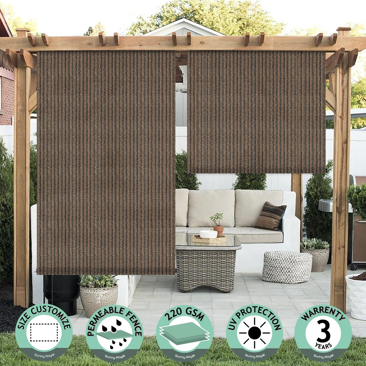 SunnyRoyal Patio Shades Roll Up Outdoor Exterior Roller Shades Roll Up Blinds for Patio Yard Deck Porch Balcony Backyard 7' W X 12' L Brown SunnyRoyal