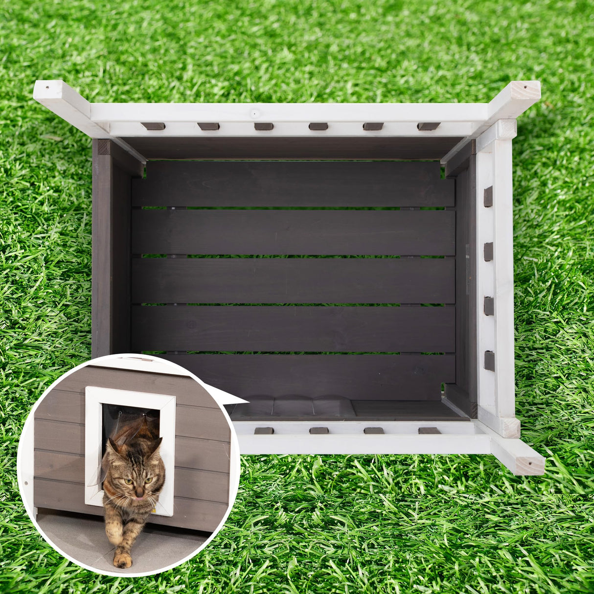 COZIWOW Outdoor Cat House, Wooden 2 Story Cat Scratcher House, Wood Cat Shelter Waterproof, Cat Enclosures Indoor with Openable Roof, Escape Door, Outside Cat Hideout for Feral Cats, Grey COZIWOW