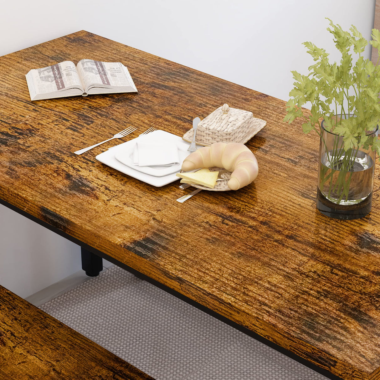 Recaceik Dining Table Set for 4 Kitchen Table Set with 2 Dining Benches, 3 Piece Farmhouse Dining Room Table Set Industrial Breakfast Nook Table Set for Small Space, Apartment, Rustic Brown Recaceik