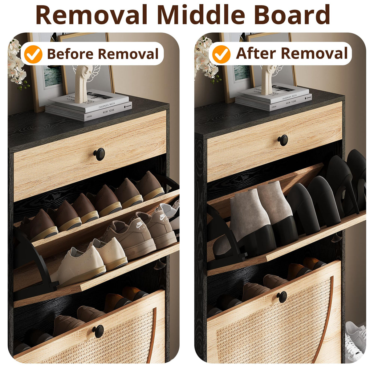 IRONCK Shoe Cabinet with 2 Flip Drawers, Shoe Storage Cabinet for Entryway, Free Standing Shoe Storage Organizer with Rattan Doors Slim Narrow Shoe Rack Cabinet, Black IRONCK