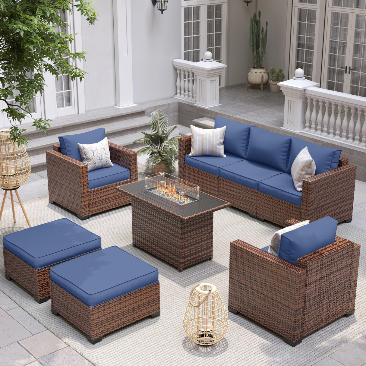 UDPATIO Patio Furniture Set with Fire Pit Table, 6 Pieces Outdoor Conversation Sectional Furniture Sets Wicker Rattan Outdoor Sofa Ottoman with Waterproof Covers for Porch Deck Backyard Blue UDPATIO