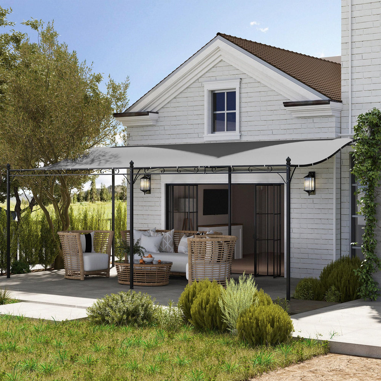 Outsunny 10' x 20' Outdoor Pergola Canopy, Wall-Mounted Metal Patio Canopy with Weather-Resistant Fabric and Drainage Holes for Backyard Garden Porch Beach, Dark Gray Outsunny