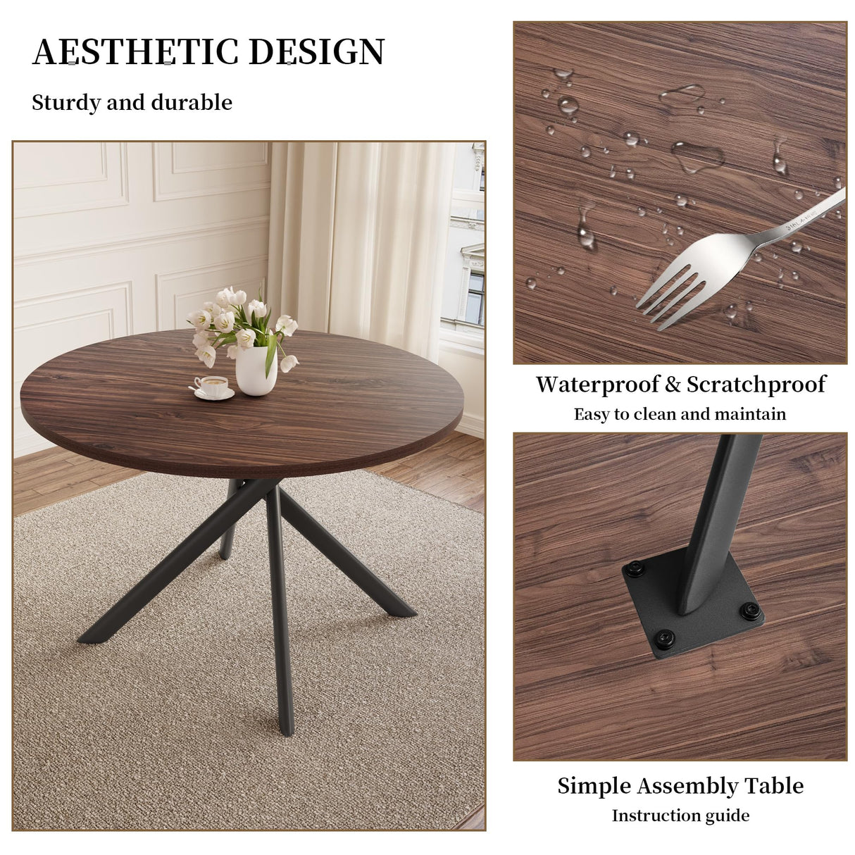 HIPIHOM 45.3 Inch Round Dining Table Set for 4, Mid Century Modern Small Coffee Set for Dining Room Kitchen Apartment (Dark Walnut Table + 4 U-Shaped Brown Chairs) HIPIHOM