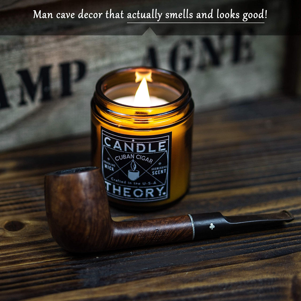 Scented Candle Gift Set of 3, 4oz Candles, Crackling Wood Wick Candled for Home, 3 Scents Cuban Cigar, Spanish Leather, Crackling Hearth, Mens Candle Bachelor Pad Decor Man Cave Decor CANDLETHEORY