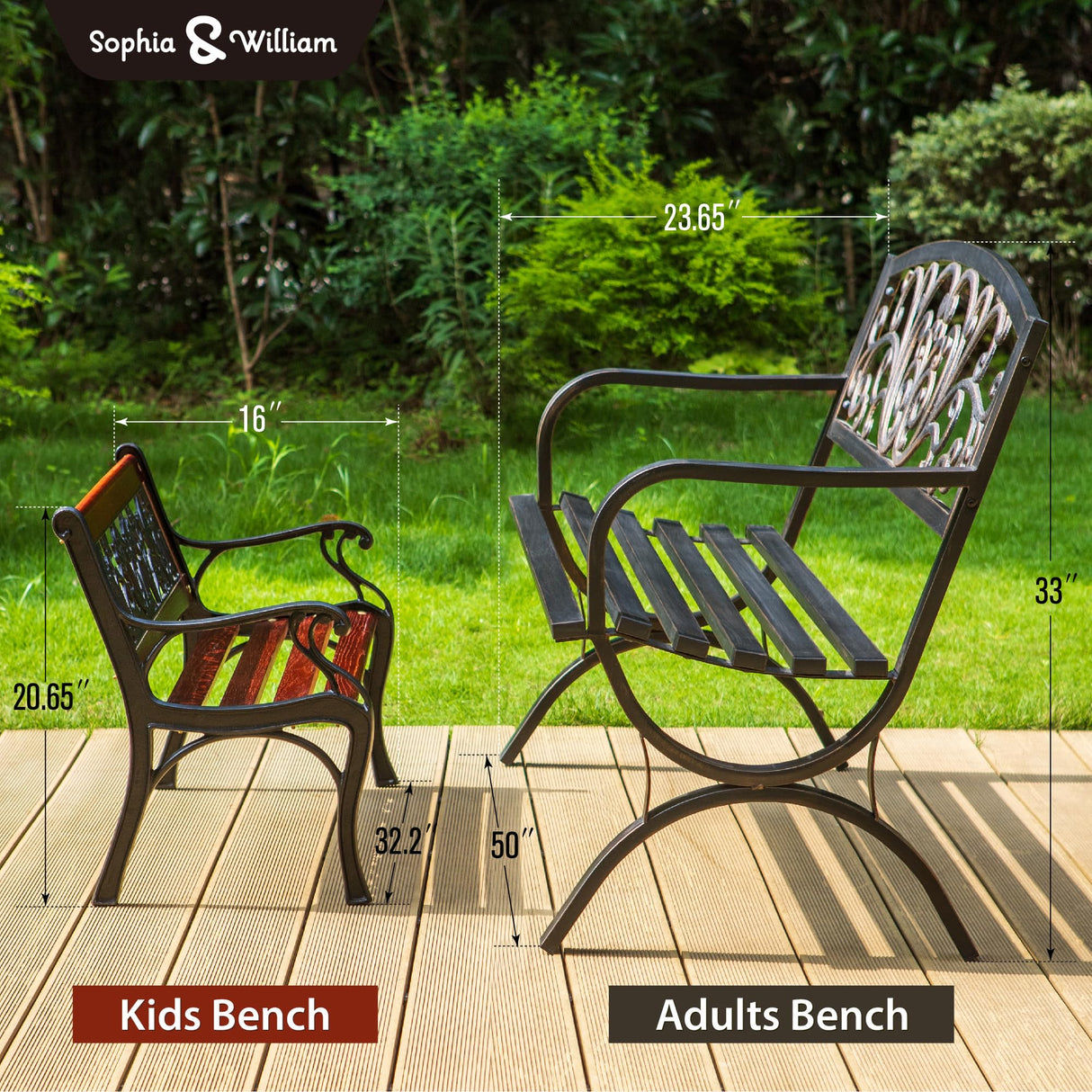 Sophia & William Outdoor Kids Bench Patio Mini Sized Garden Bench with Wooden Seat and Cast Iron Backrest for Porch, Lawn, Backyard and Indoor Sophia & William