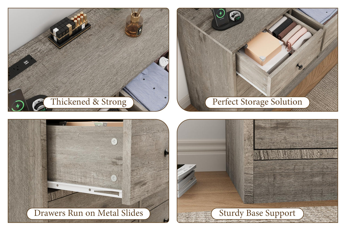 GarveeHome 12 Drawer Dresser for Bedroom, 61 Inch Wood Dresser with Power Outlet, Wide Chest of Drawers for Living Room, Hallway, Tall Dressers with Smooth Metal Rail, Large Storage, Antique Oak Garveehome