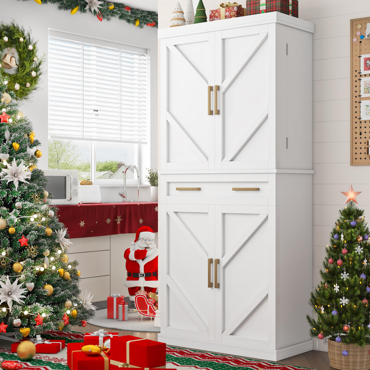 Tall Kitchen Pantry Cabinet with 8 Hanging Shelves, 71” Storage Cabinet with 2 Cabinets, a Large Drawer & Adjustable Shelves, Freestanding Pantry Cabinet for Kitchen, Dining Room, Living Room, White knoworld