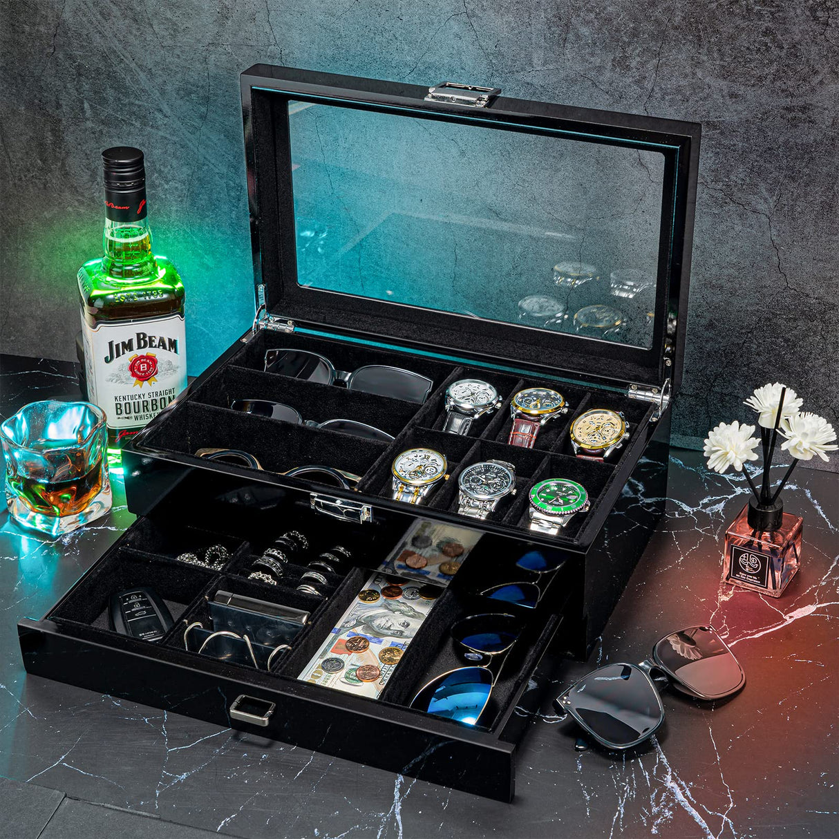 ProCase Wooden Men's Jewelry Box, 2-Tier Watch Holder and Sunglasses Box Organizer for Men, Display Cases with Clear Glass Top and Storage Drawer, Father's Day Gift -Black ProCase