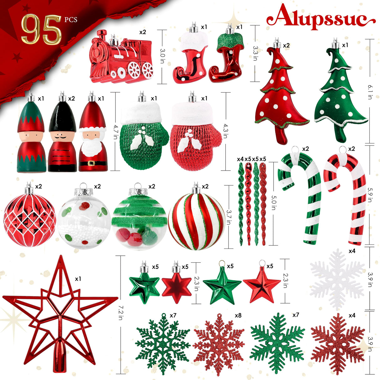 Alupssuc 95pcs Christmas Ornaments Bulk, Red and Green Christmas Decorations Set for Tree with Hanging Strings, Shatterproof Baubles for Xmas Holiday Decor Alupssuc