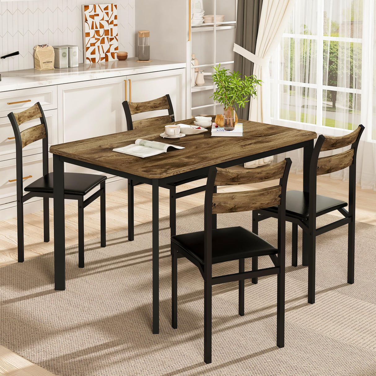 DKLGG Dining Table Set for 4, 43.3" Dining Room Table with 4 Upholstered PU Leather Chairs, Modern Wood Kitchen Table and Chairs Set, 5-Piece Dinette DKLGG