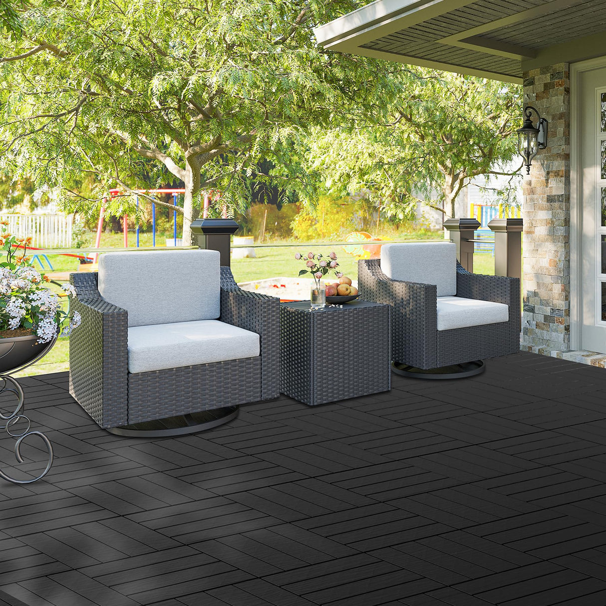 Neoaider 9PCS Plastic Interlocking Decking Tiles 12" x 12", Waterproof Outdoor Flooring All-Weather, Patio Floor Decking Tile for Garden Porch Poolside Balcony Backyard, Dark Grey Neoaider