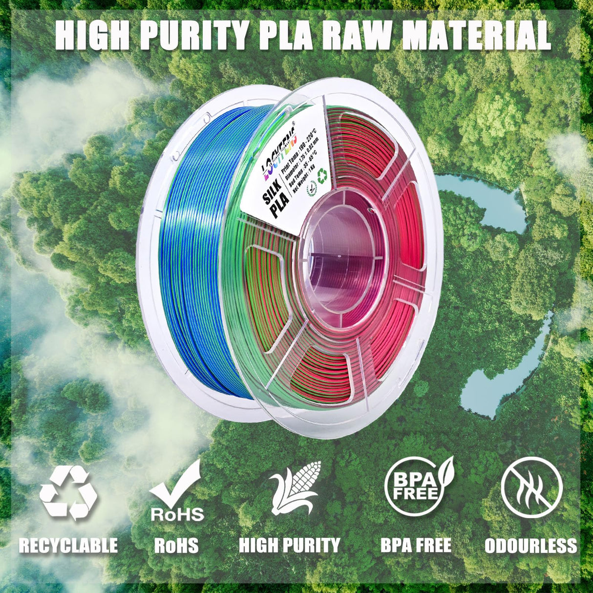 LOCYFENS PLA Filament 1.75mm, Silk Rainbow Color PLA Filament, Tri Color 3D Printer Filament Red Blue Green, Fit to AMS, 1kg/Spool LOCYFENS