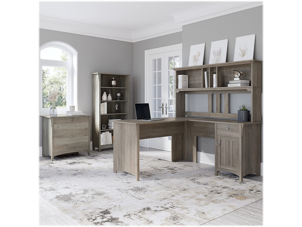 Bush Business Furniture Salinas 60W L-Shaped Desk Set with Hutch, File Cabinet & Bookcase in Driftwood Gray Bush Business Furniture