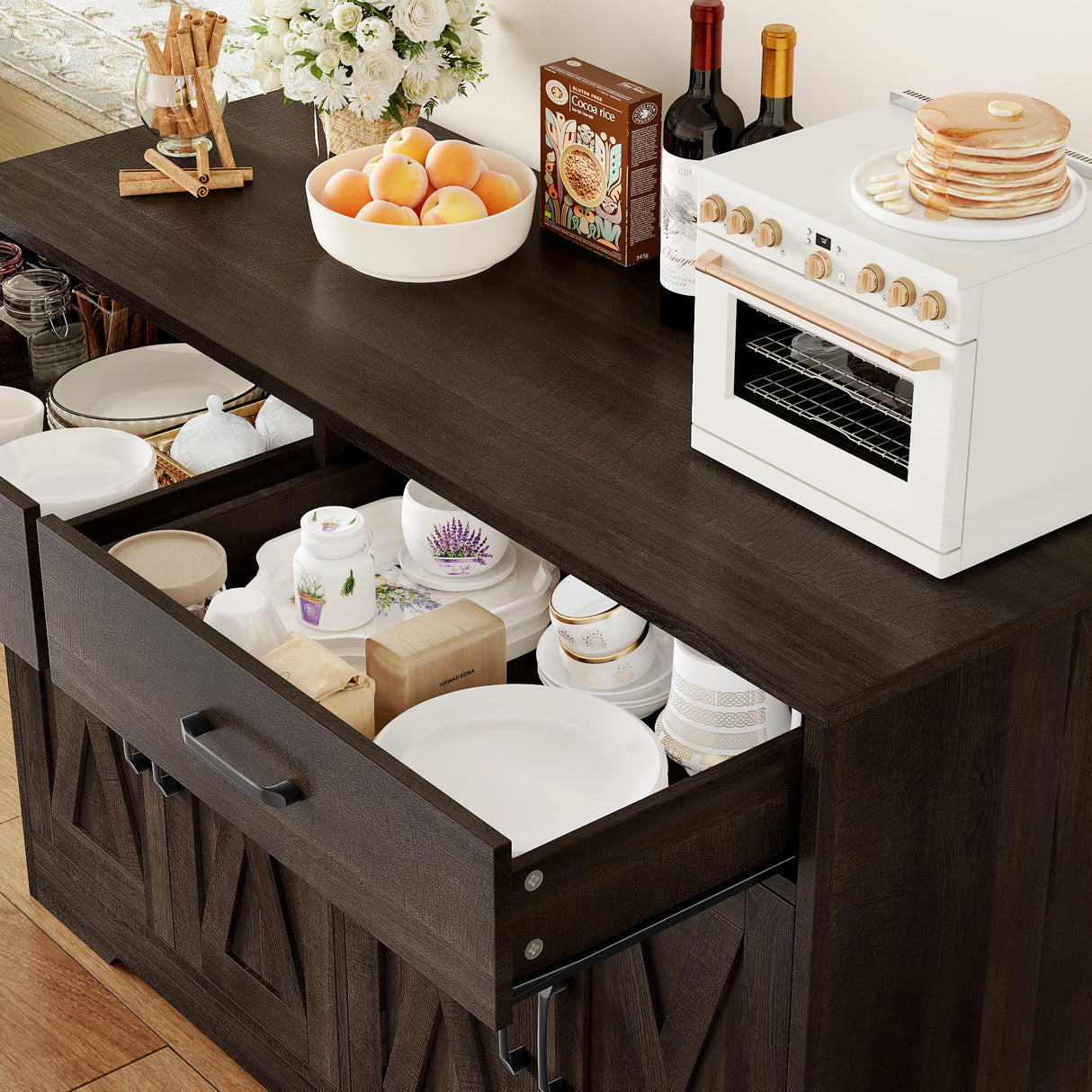 HOSTACK Coffee Bar Cabinet, 47.2" Buffet Cabinet with Storage, Modern Farmhouse Kitchen Buffet Sideboard with Drawers and Shelves, Barn Doors Storage Cabinet for Living Room, Dark Brown HOSTACK