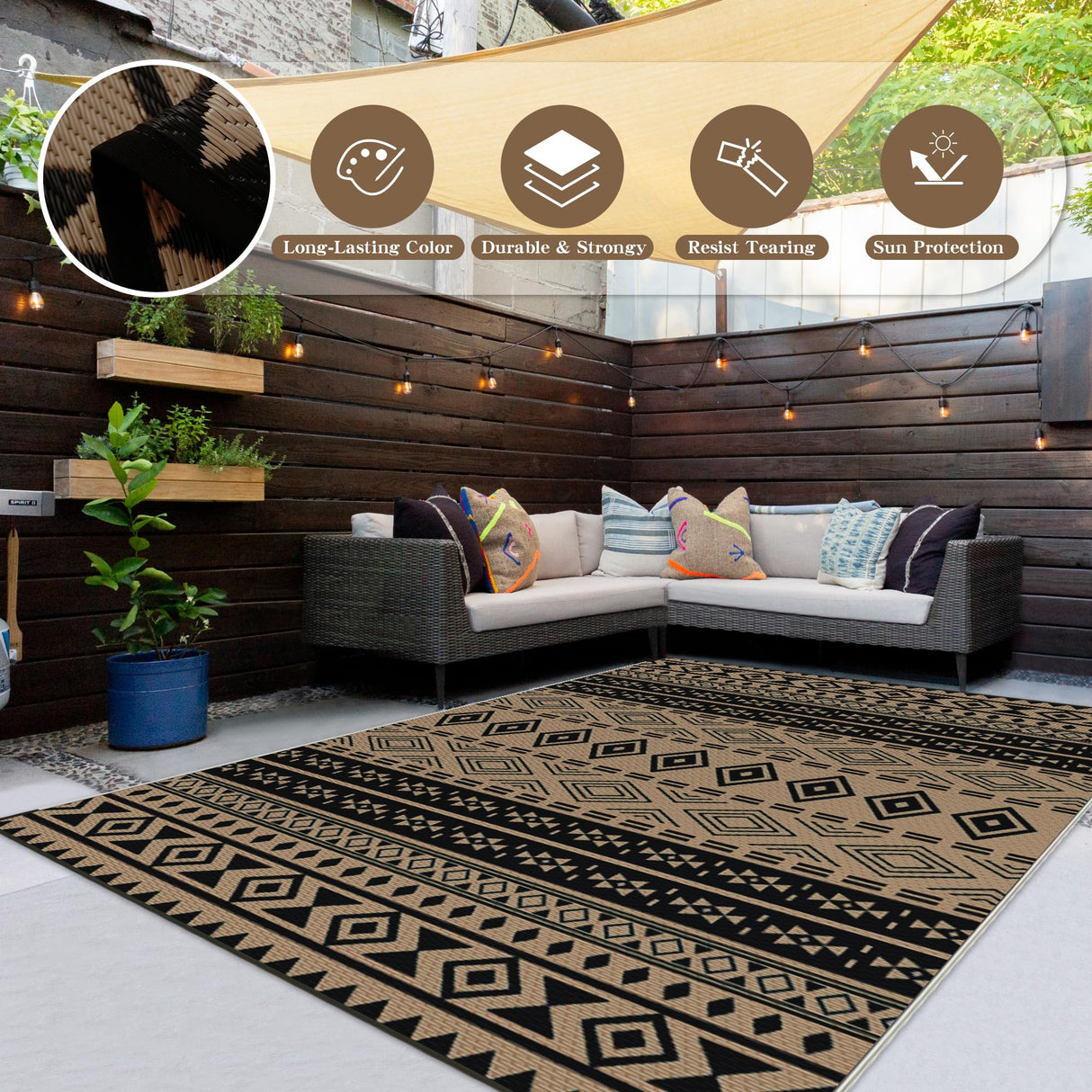 Wallona Outdoor Rugs 5x8 ft Patio Waterproof Clearance Indoor Outdoor Carpet for Patio Plastic Straw Reversible Area Rugs Mat for RV, Camping, Balcony, Beach, Picnic, Porch, Boho Black & Brown Wallona