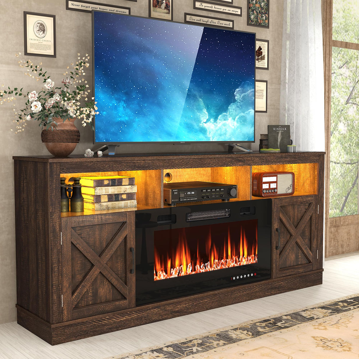 jiteentarou Farmhouse Fireplace TV Stand for 70/75/80 Inch TV, 32”Tall Entertainment Center w/ 36”Electric Fireplace & LED Light, 70”Media Console w/Barn Door Cabinet for Living Room, Brown jiteentarou