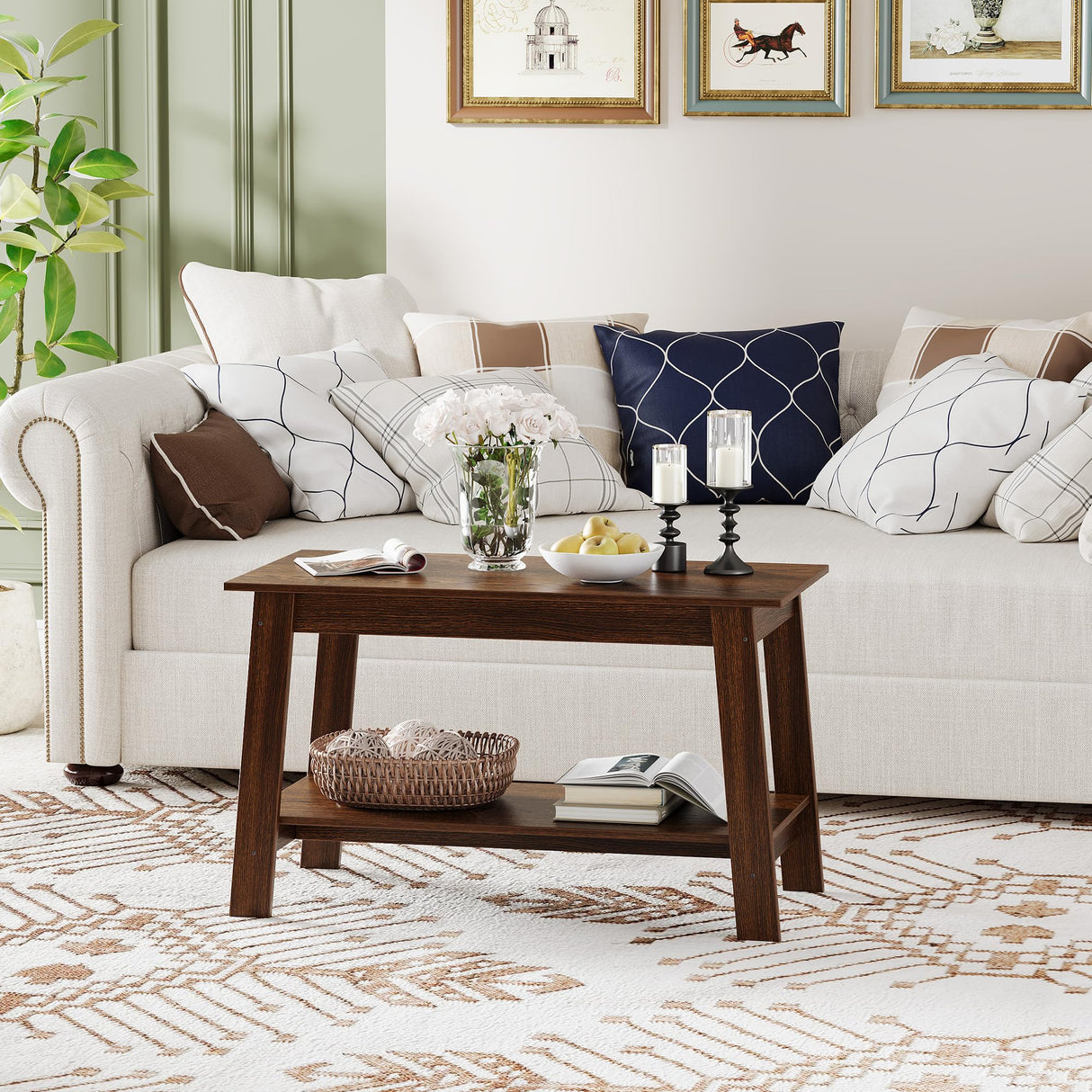 31.49" Coffee Table, 2-Tier Small Living Room Table, Rustic Modern Farmhouse Wood for Living Room, Bedroom, Walnut, Easy Assembly Elementool