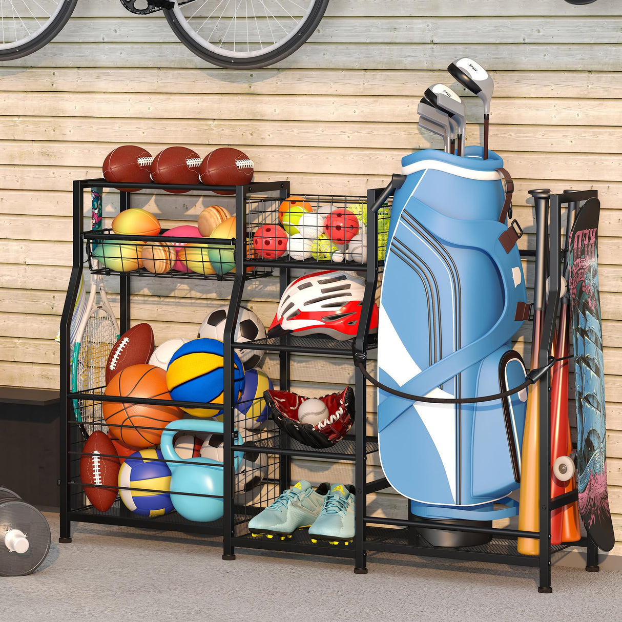 Sports Equipment Organizer Golf Bag Stand Golf Storage Organizer for Garage with Basket and Hooks, Storage Rack for 2 Golf Bag,Two Assembly Methods Sonyabecca