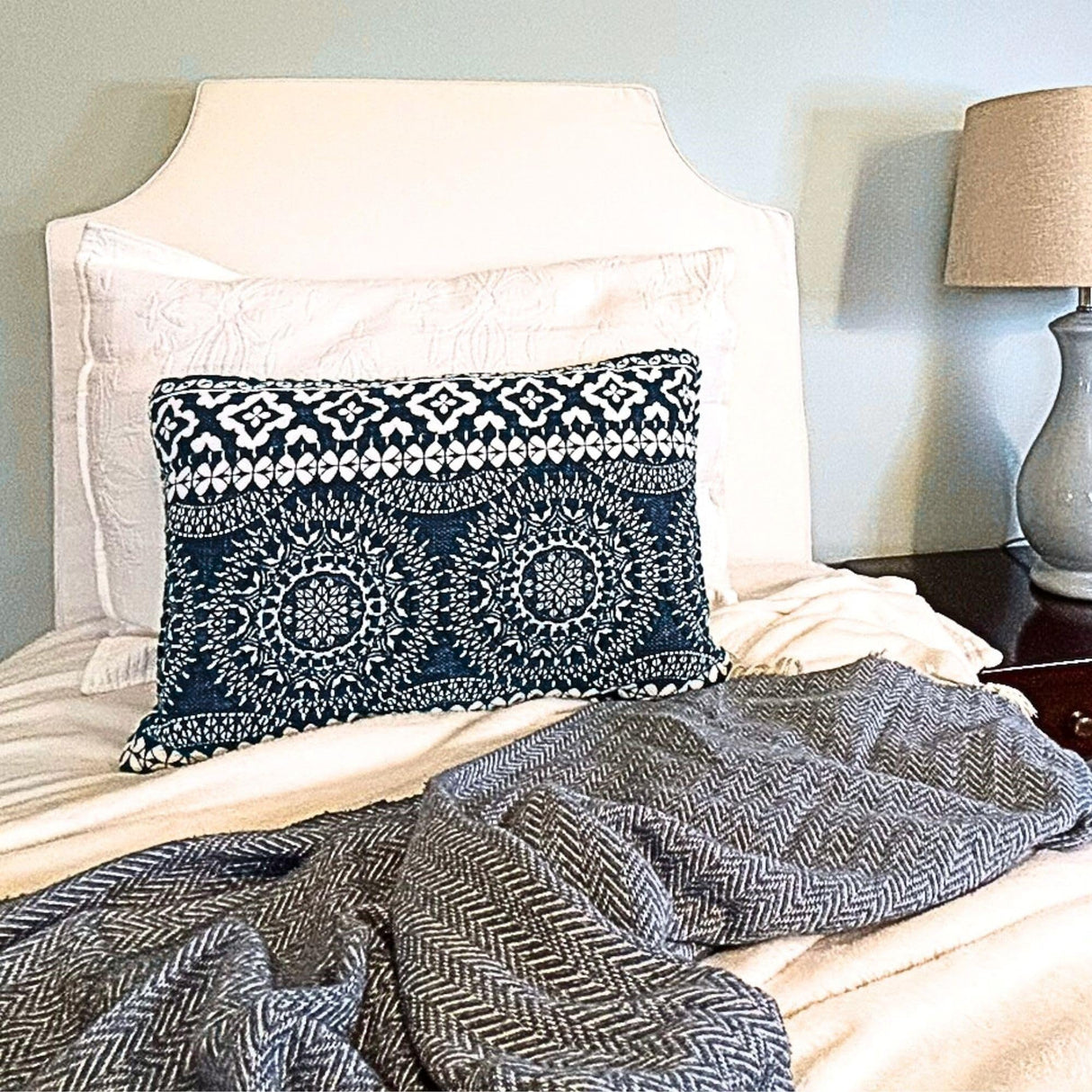 Dormpillow- New/Improved Cotton 'Wrinkle-Free' Cover. Portable Twin XL White Headboard Cushion for College Dorm. Innovative Wedge Base Keeps it Upright. Fills Gap Between Bed & Wall. Dormpillow Creations