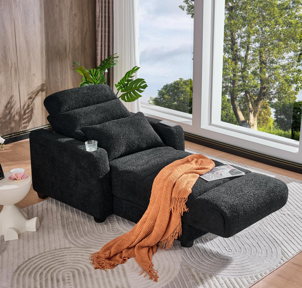 LITVZ Power Reclining Sleeper Chairs, Heavy Duty Recliner Chair That Turns Into A Bed with Lumbar Pillow, Cup Holder and Wireless Charging, Wall Hugger Recliners for Small Spaces, Black LITVZ