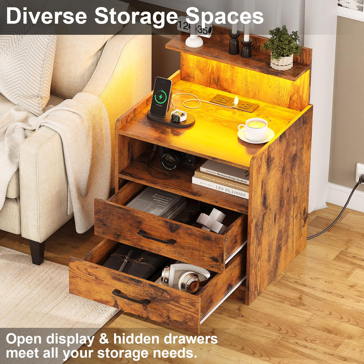 LED Nightstand with Charging Station, Night Stand with 2 Drawers and Open Storage, Bedside Table with LED Lights, Modern End Table with USB Ports Outlets, Rustic Brown Diliplain