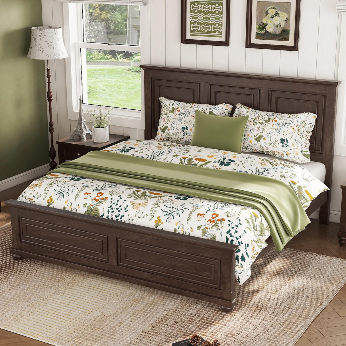 Mirightone Farmhouse King Bed Frame with Tall Headboard, Wood Platform Bed and Footboard, Mid-Centery Rustic King Panel Beds with Slats Support, No Box Spring Needed, Rustic Brown Mirightone