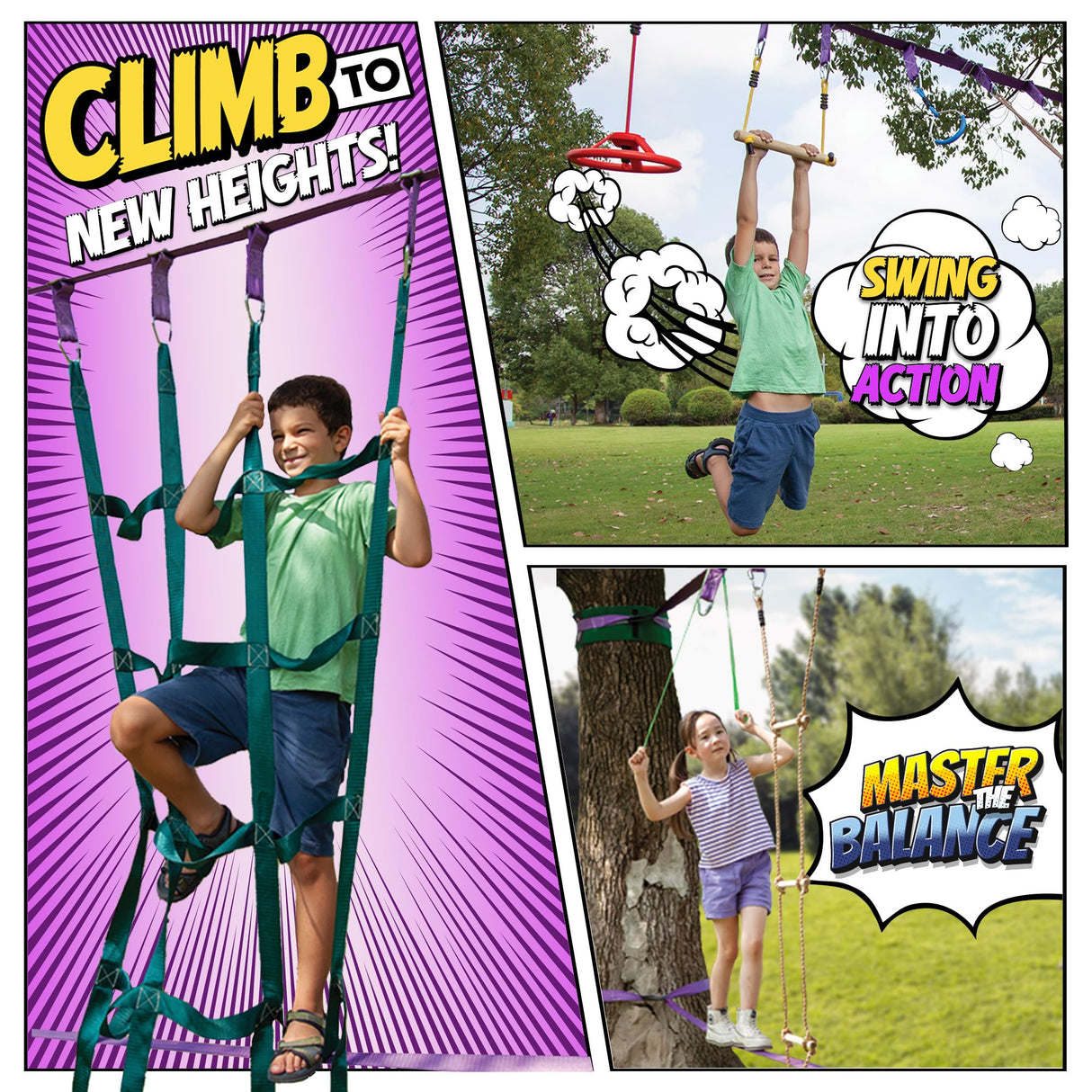 Ninja Warrior Obstacle Course for Kids Workout Equipment, 2 x 55ft Slacklines with 10 Weatherproof & Durable Ninja Kids Toys - Ninja Course for Kids Outside , Kids Obstacle Course Backyard Trailblaze
