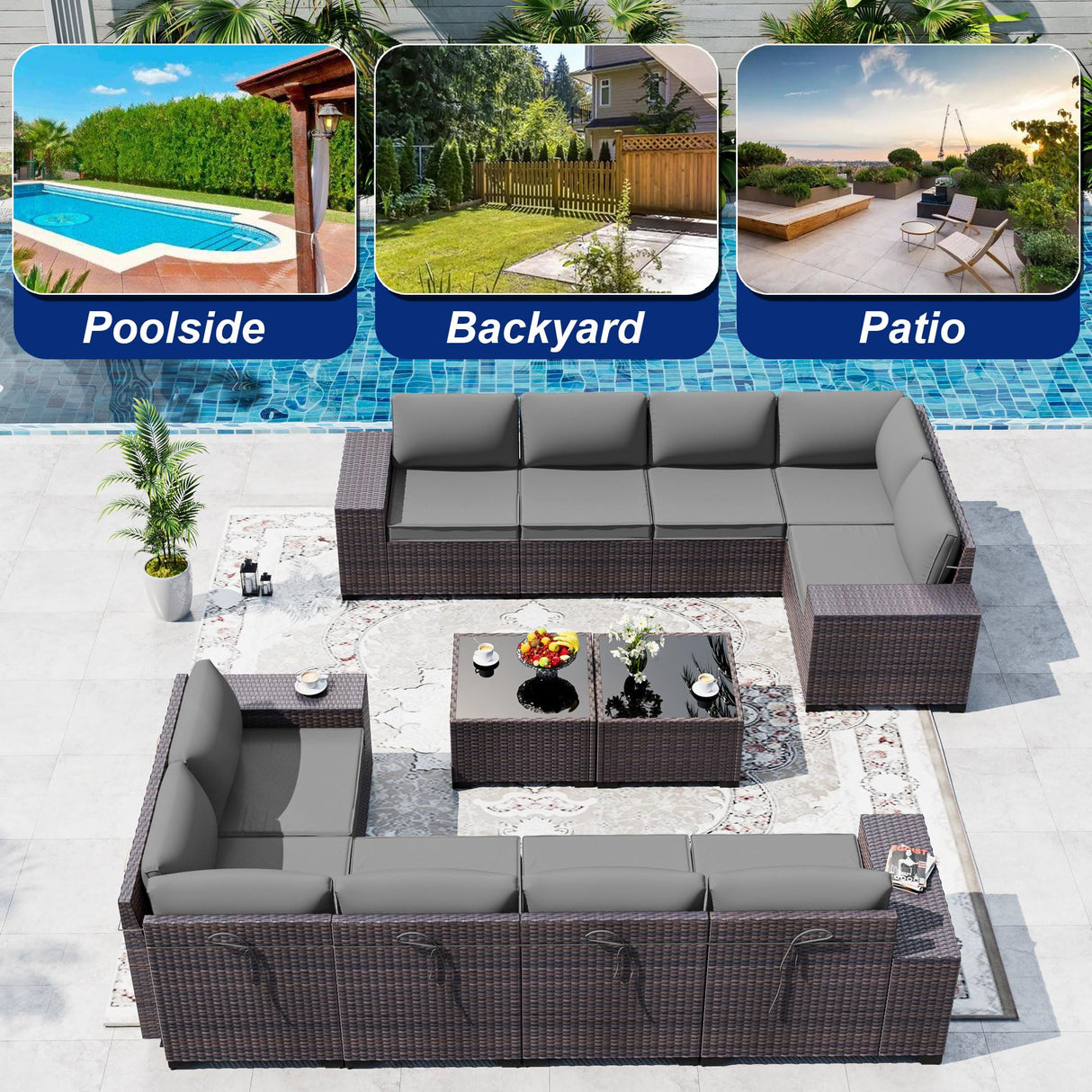 ASJMR Outdoor Patio Furniture Set, 12 Pieces Outdoor Sectional Furniture High Backrest Patio Sofa, All-Weather PE Rattan Patio Conversation Set with Coffee Table & Cushions(Grey). ASJMR
