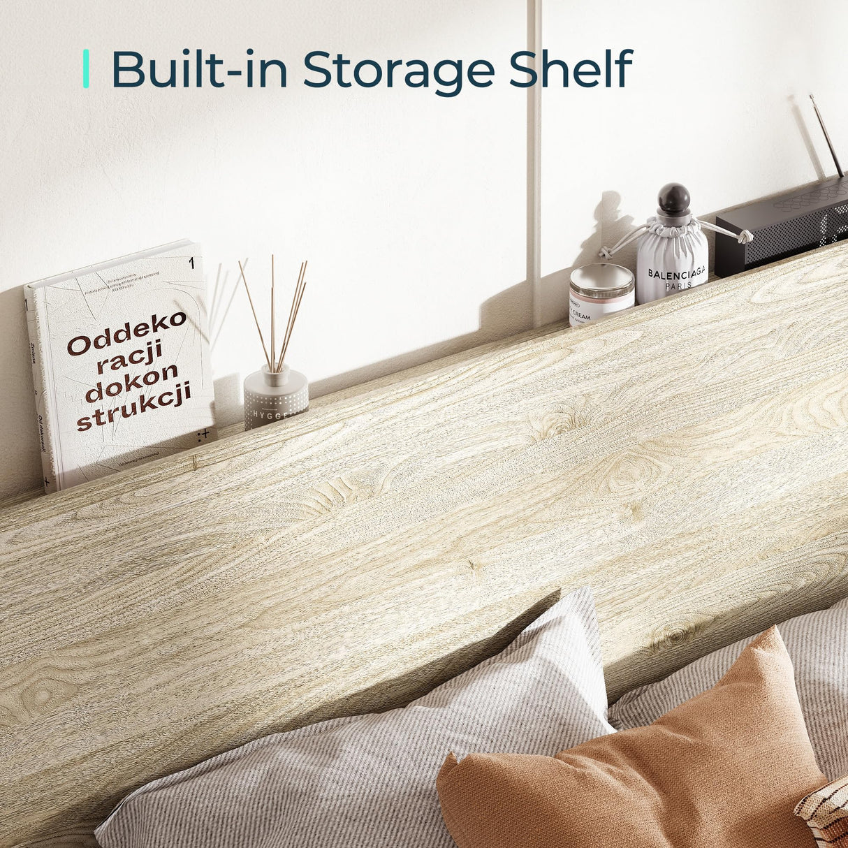 LINSY Beige Full Size Wood Platform Bed Frame with Ergonomic Headboard and Storage Shelf LINSY