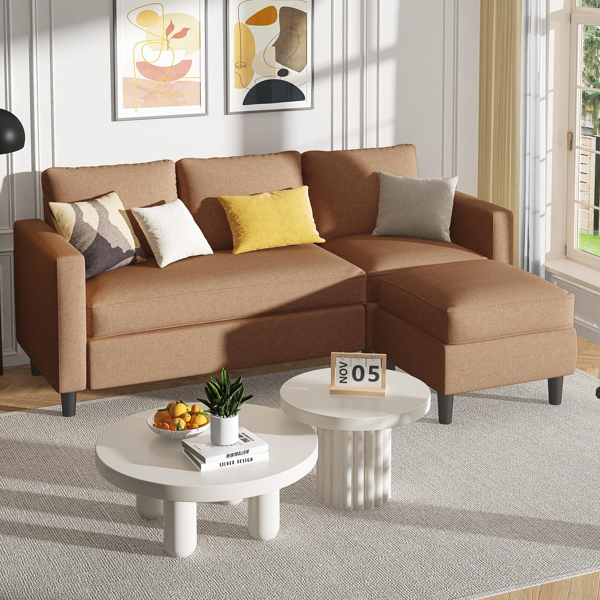 Shintenchi Small Sectional Couch Sofas, 3 Seat L Shape Sofa with Ottoman, Fabric Upholstered Convertible Sofa Couches, Small Couch for Apartments, Living Room and Office (Brown) Shintenchi