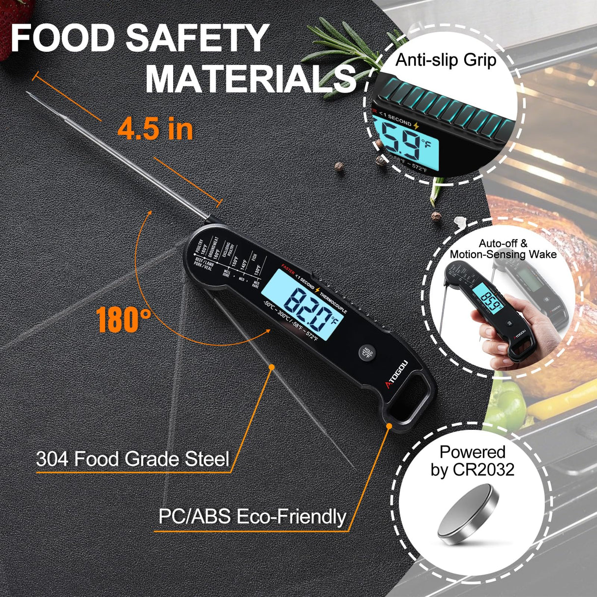 Professional Food & Meat Thermometer, 1 Sec Instant Read & ±0.5℉ Accuracy Driven by Thermocouple Sensor. IP67 Waterproof Digital Thermometer for Cooking, BBQ, Grill Gifts for Men Him Dad Birthday Atogou