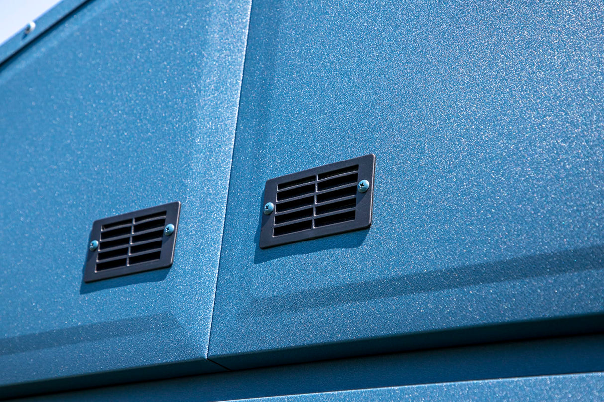 Arrow Shed Elite 14' x 14' Tall Outdoor Steel Storage Shed with High Gable and Lockable Doors Storage Building, Blue Grey Arrow