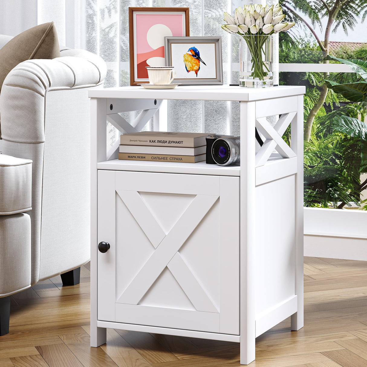 OtterOasis Farmhouse Nightstand with Charging Station and Barn Door, Bedside Table with Open Compartment and Storage, Side End Table for Bedroom, White OtterOasis