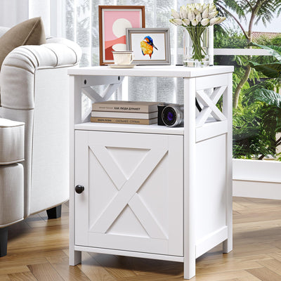 OtterOasis Farmhouse Nightstand with Charging Station and Barn Door, Bedside Table with Open Compartment and Storage, Side End Table for Bedroom, White