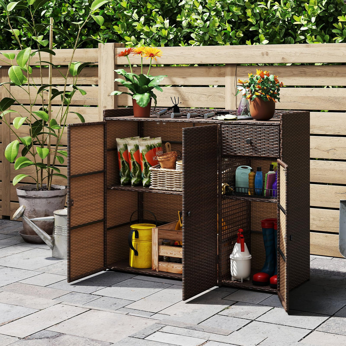 Tangkula Rattan Outdoor Storage Cabinet, Patiojoy Outdoor Cabinet with 4 Adjustable Shelves, 1 Drawer, 3 Doors, Patio Storage Deck Box Table for Patio Garden Poolside (Mix Brown) Tangkula
