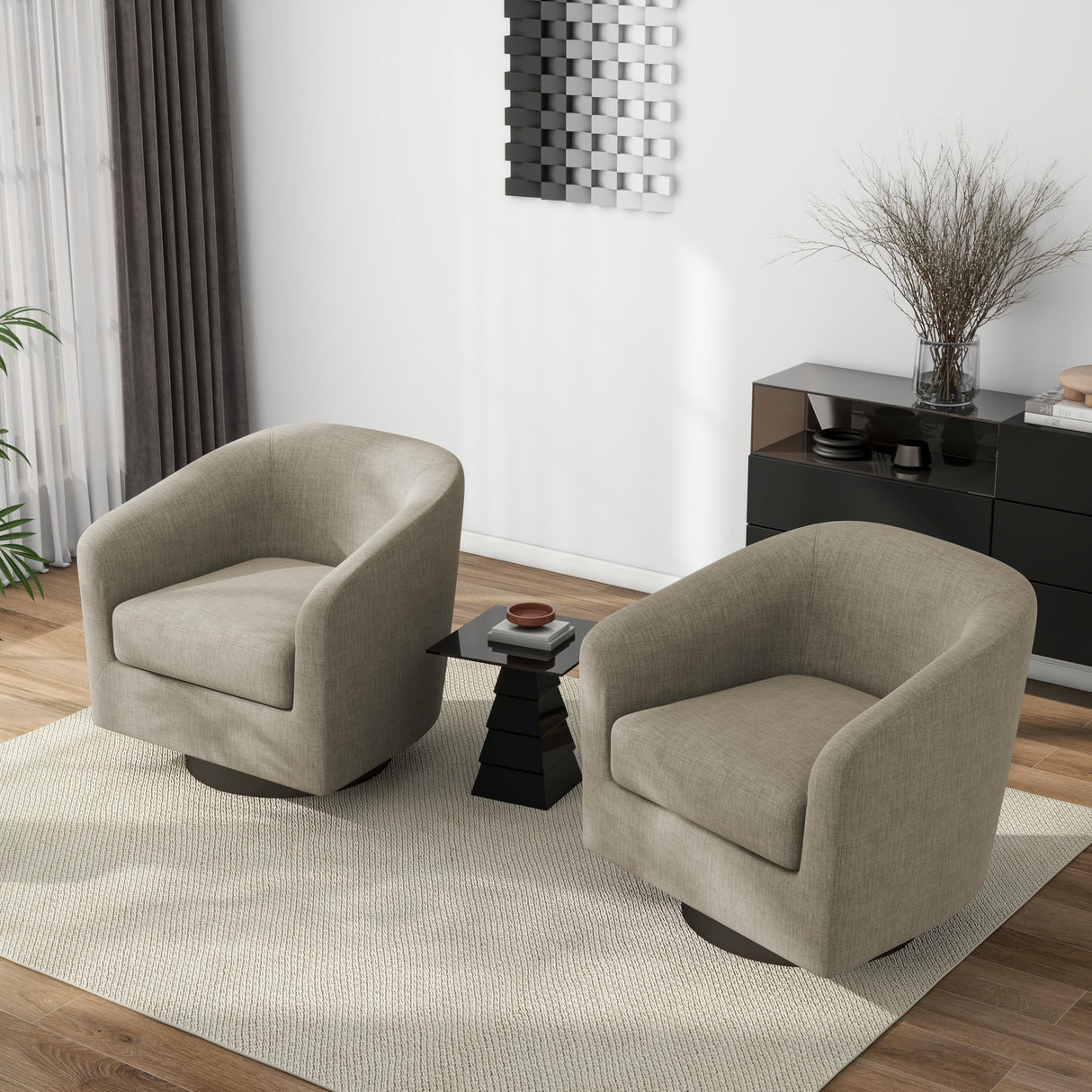 Pia Ricco Swivel Barrel Accent Chairs Set of 2, 360° Swivel Round Sofa Chair, Comfy Upholstered Fabric Single Sofa Club Armchair for Living Room/Reading Room/Bedroom, Light Brown Pia Ricco