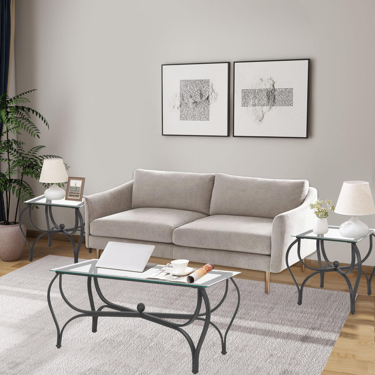 FILINGSKY 3-Piece Coffee Table Set, Tempered Glass Surface Living Room Sets, Coffee Table & 2 End Side Table, Metal Frame for Living Room, Home Office FILINGSKY