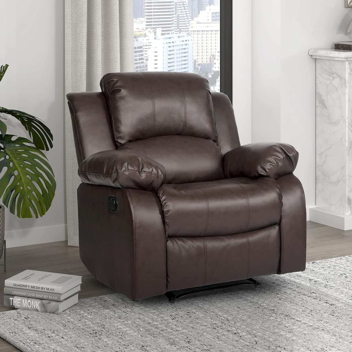 Lexicon Humphreys Faux Leather Wall Hugger Recliner Chair for Living Room, Office, RV - High-Density Foam, Sturdy Solid Wood Frame - Chairs Living Room, Recliners for Small Spaces - Brown Lexicon