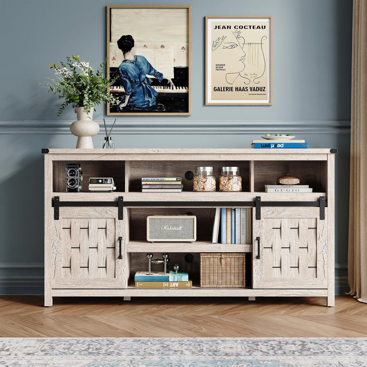 LINSY HOME Farmhouse TV Stand for 65 Inch TV, Tall Highboy Entertainment Center with Sliding Barn Door, Rustic Media Console with Storage Shelves, Wood Television Stand for Living Room, Light Grey LINSY HOME